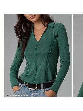 Anthropologie Pilcro Stitched Long-Sleeve Top V Neck Collared in Green
